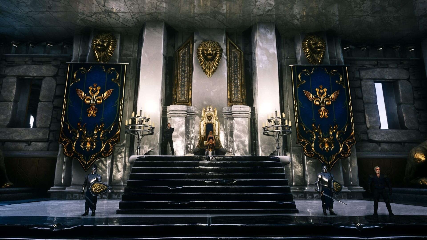 Ornate throne room with a golden lion crest above a seated figure and guards in polished armour