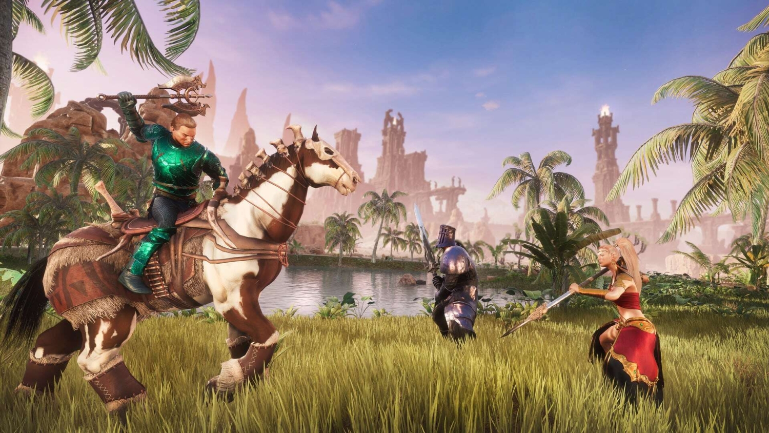 Armoured warrior wielding a trident on a horse faces two armed fighters in a lush landscape
