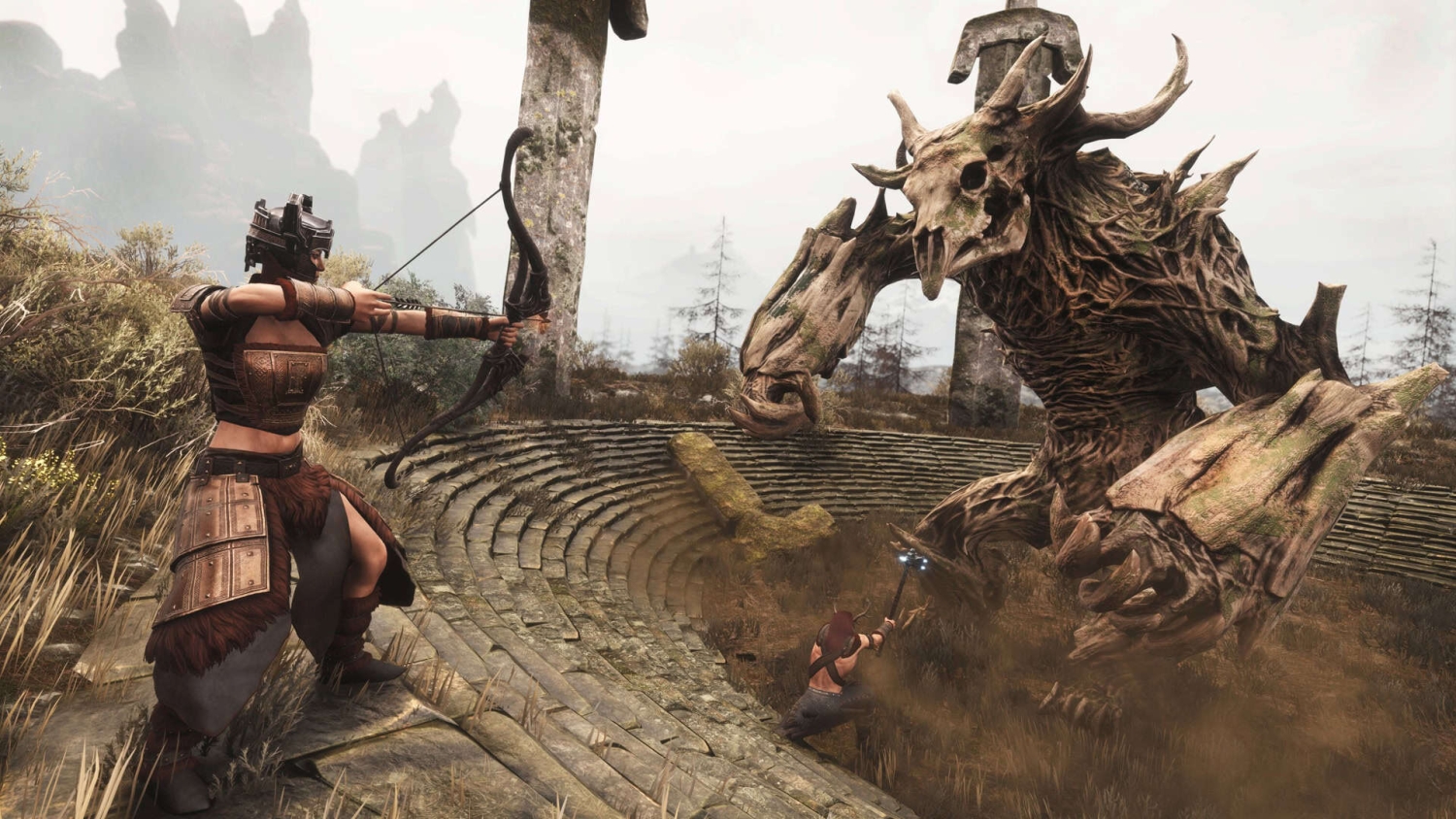 Armoured female archer aims a bow at a large monstrous tree creature with skull horned head in an ancient stone arena