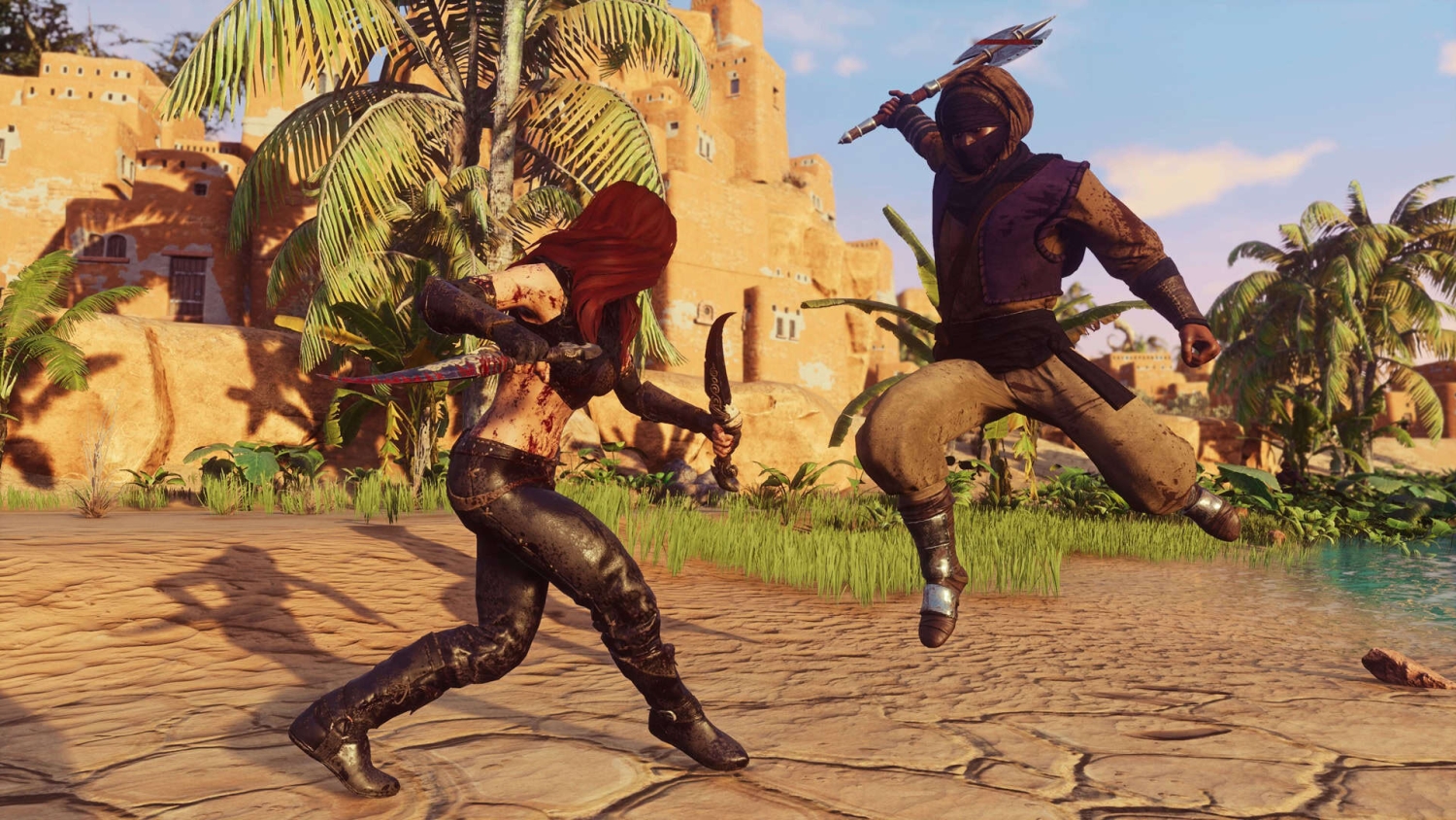 Two characters fighting with daggers in a sunlit desert village surrounded by palm trees and mud-brick buildings