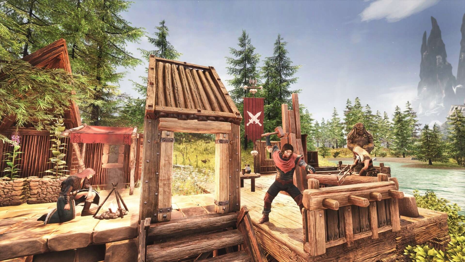 Characters crafting and tending a wooden camp by a river in a forested survival game environment under clear sky