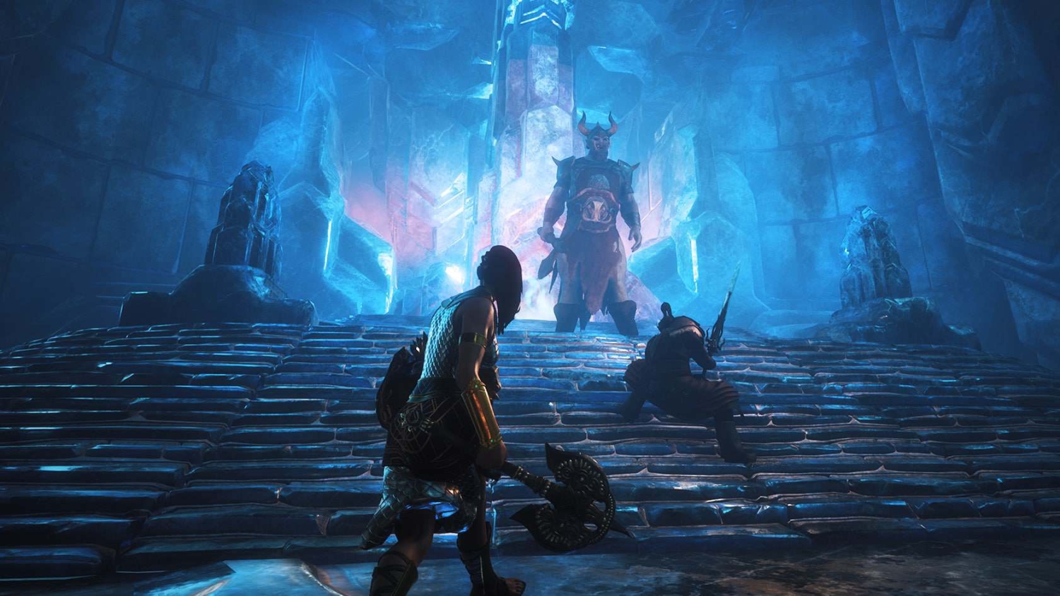 Two armed characters face a horned giant standing on stone steps inside a glowing blue cavern