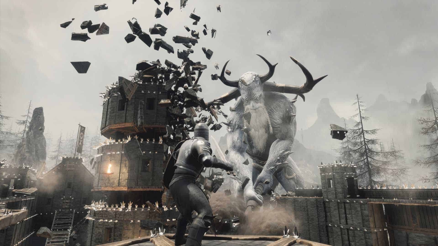 Armoured knight in medieval gear faces a large horned beast smashing through a fortress tower amidst rubble and dust