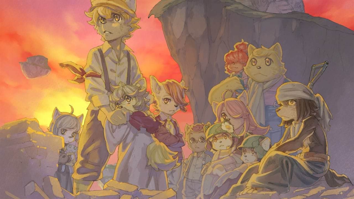 Group of nine young animal-like characters in detailed clothing looking determined with a vibrant sunset sky behind rocky terrain