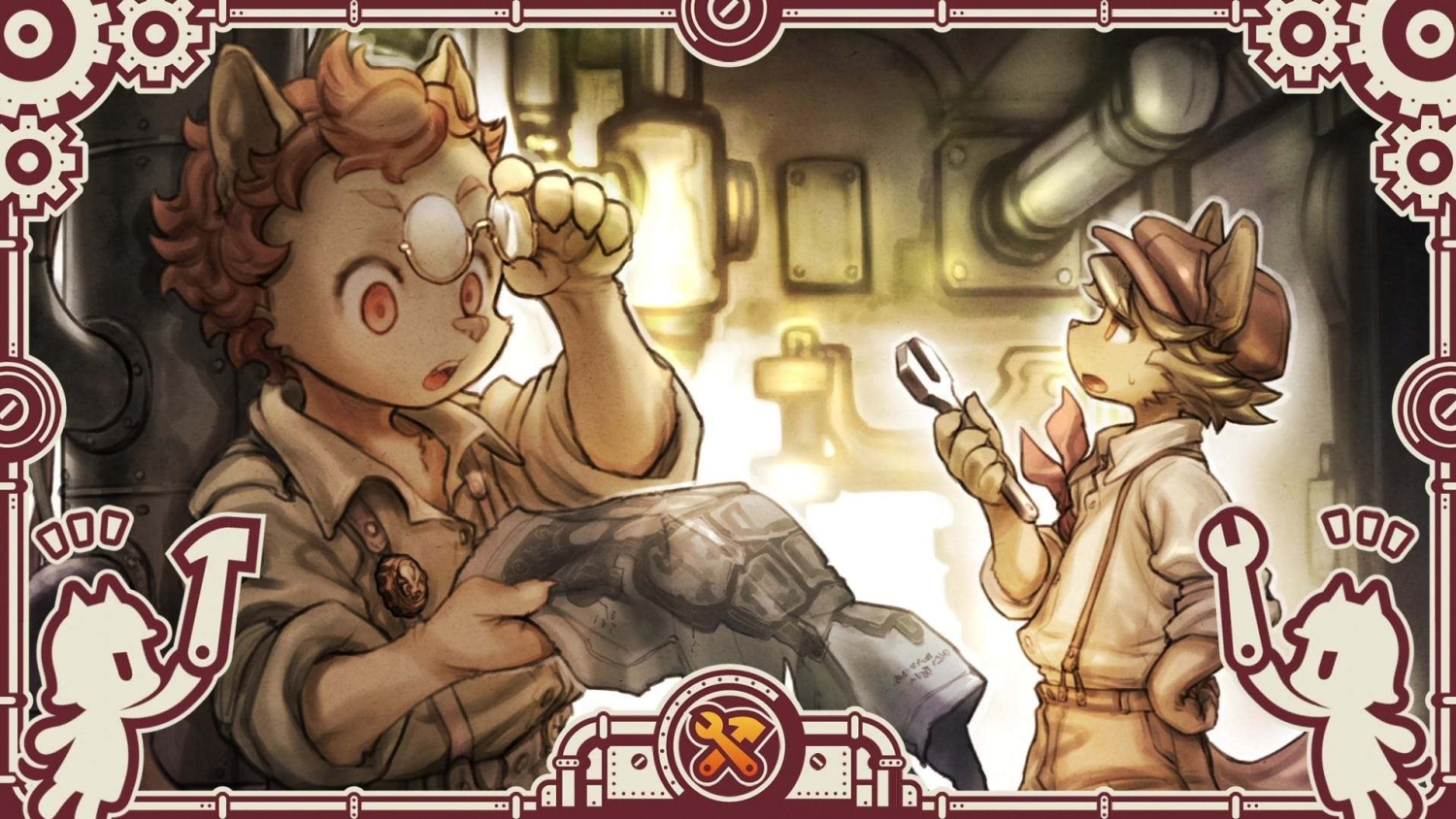 Two anthropomorphic characters with tools examining a mechanical part in a workshop setting