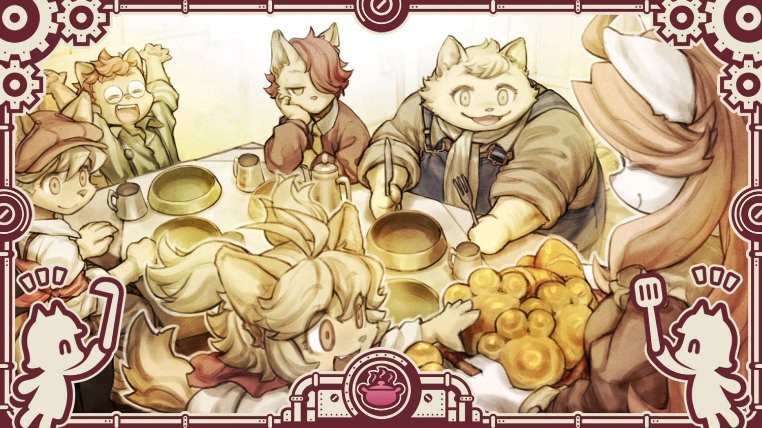 Seven anthropomorphic animal characters cheerfully gathered around a table set with food and drinks