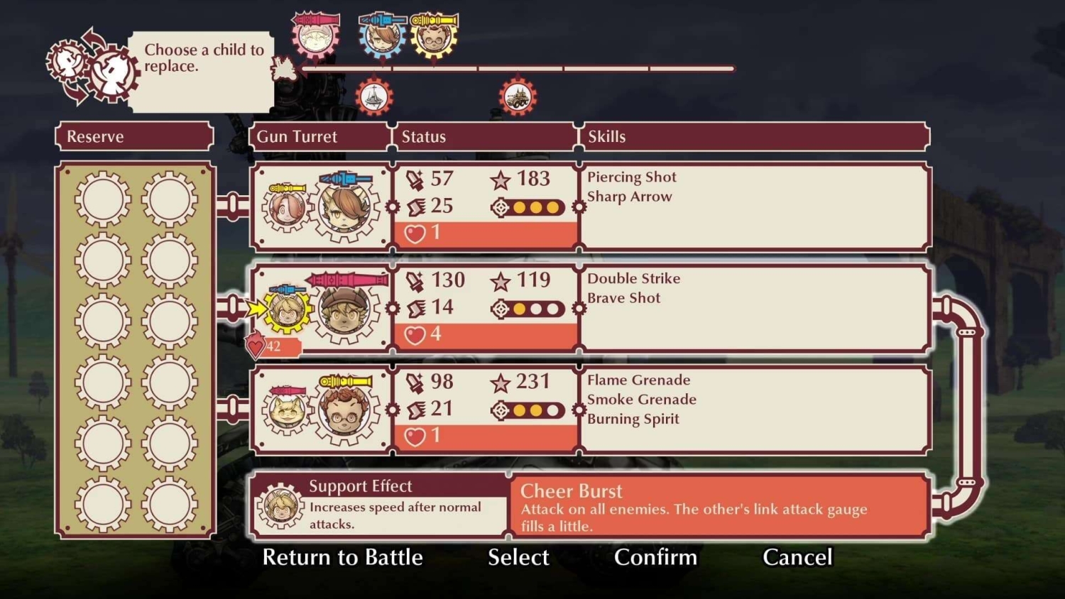 Tactical RPG interface showing child character options with stats and skills for replacement