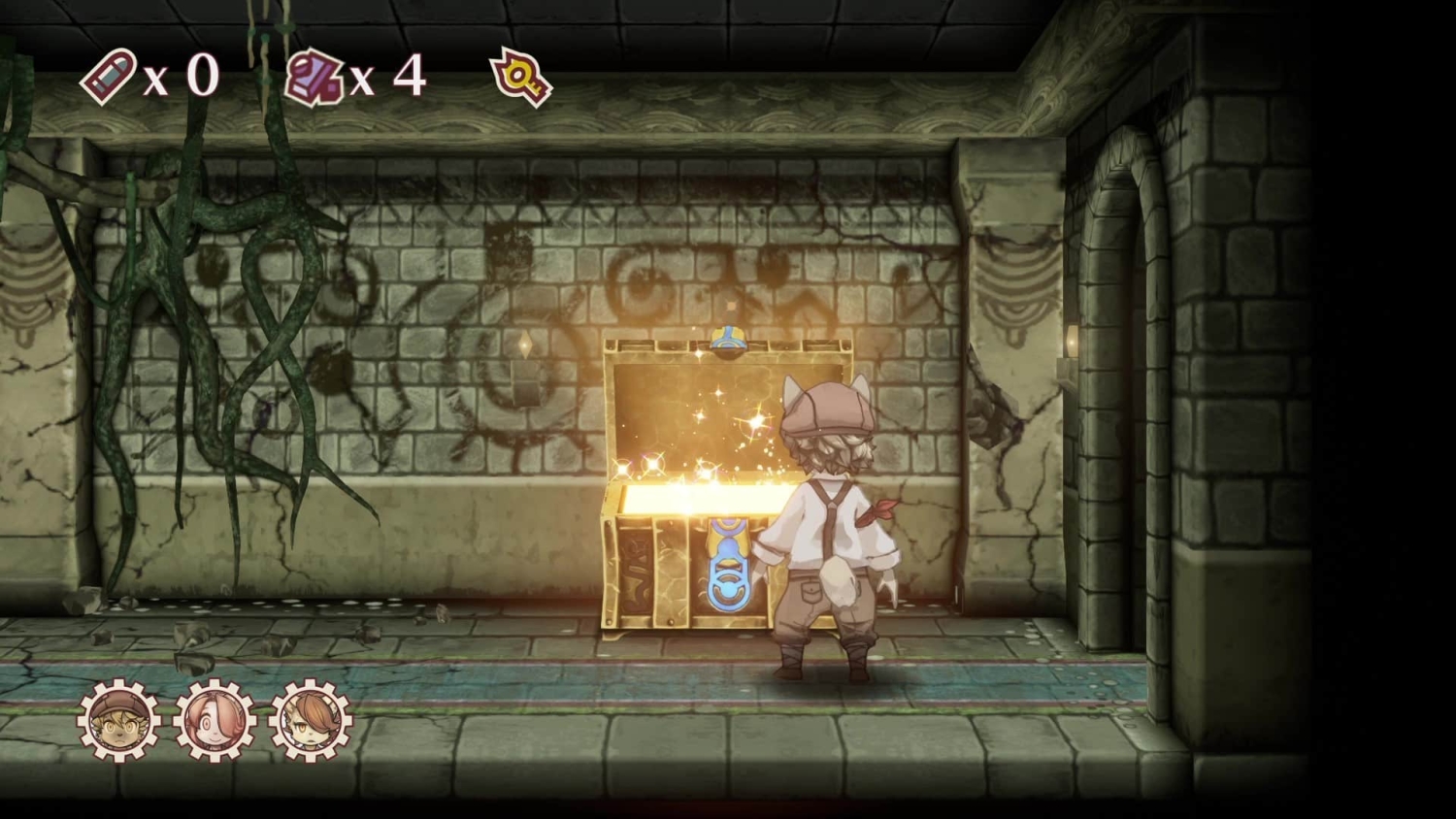 Childlike character with cat ears stands before an open glowing treasure chest in a mossy stone dungeon corridor