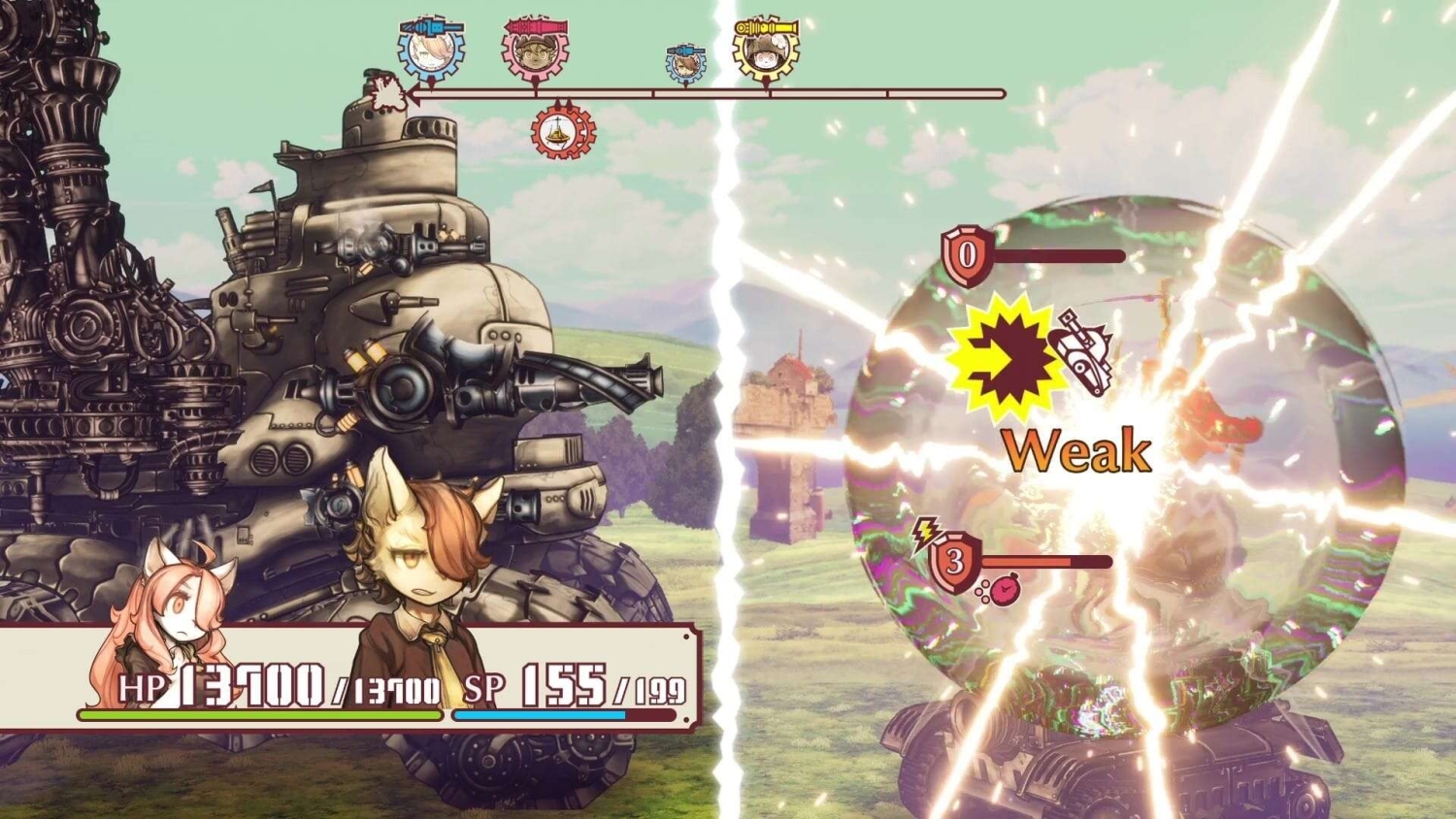 Characters beside a large mechanical tank attacking an enemy showing 'Weak' damage indicator in turn-based combat