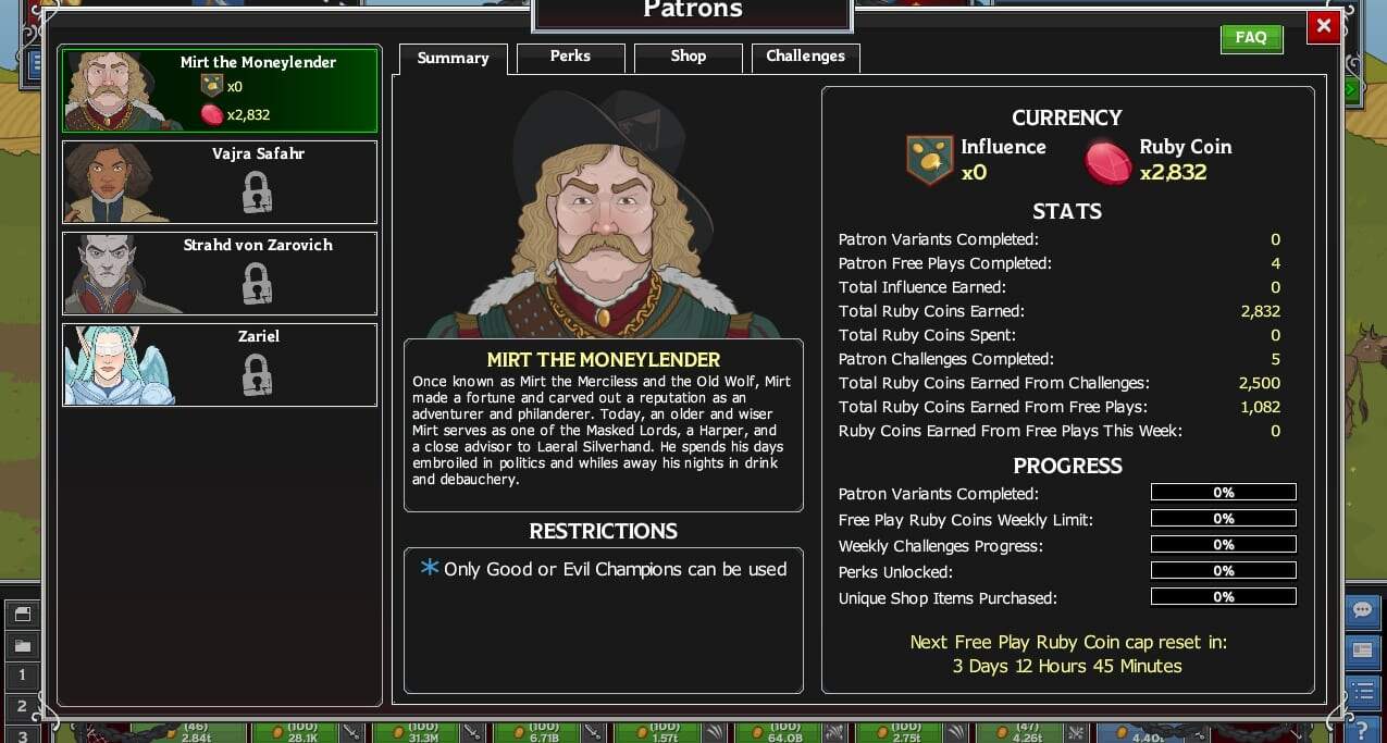 Game interface displaying Mirt the Moneylender character stats, currency, restrictions, and progress in Idle Champions