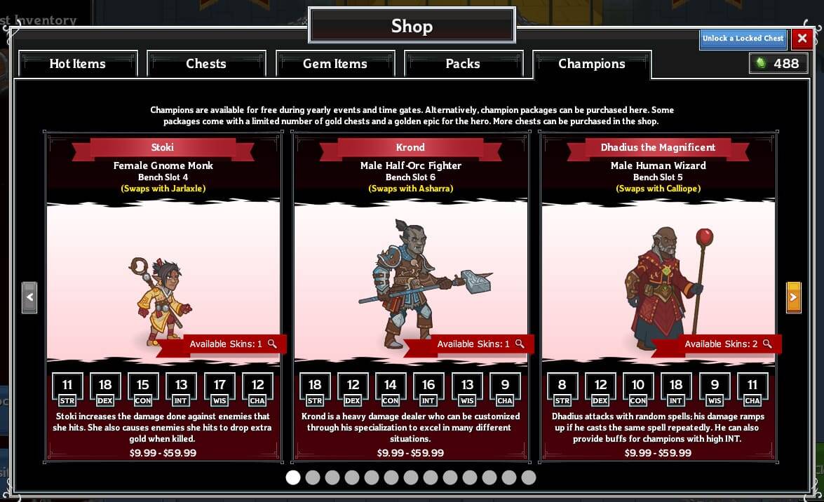Three playable champions displayed in shop with stats and prices in Idle Champions of the Forgotten Realms