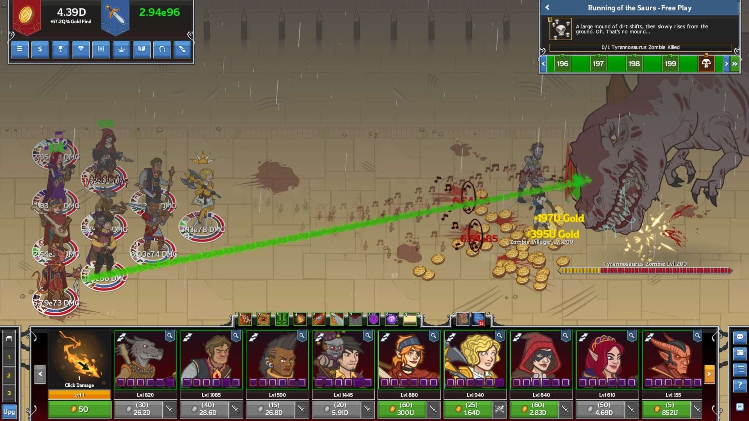 Group of fantasy heroes attacking a large zombie dinosaur in a side-scrolling battle
