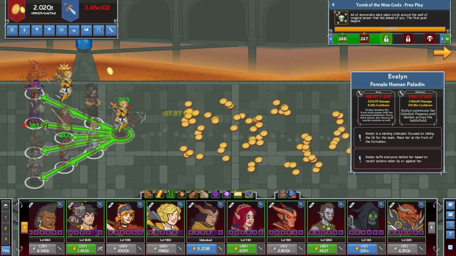 Game screen showing characters attacking enemies with green arrows and gold coins dropping on a grid battlefield
