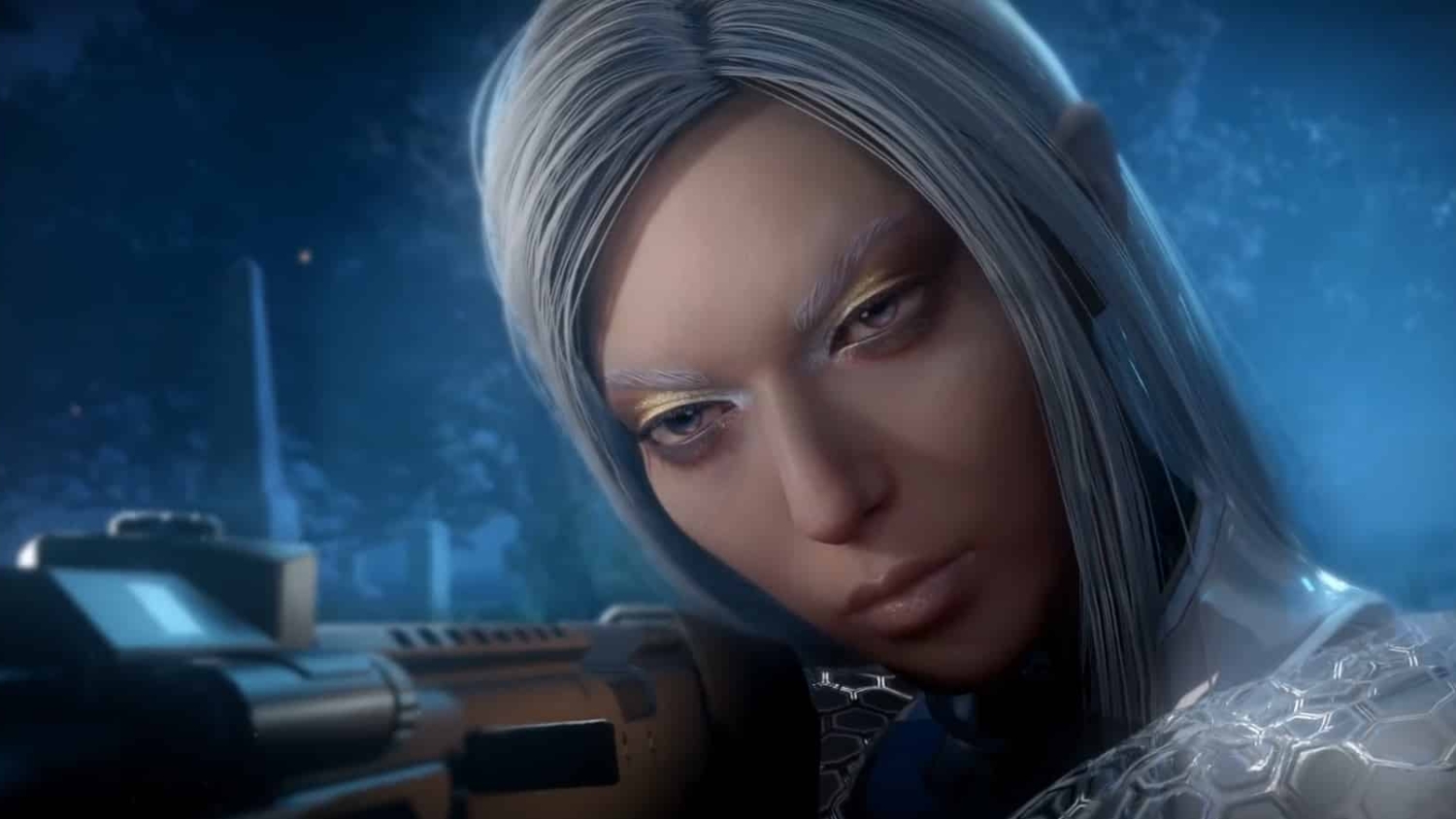 Close-up of a pale-skinned character with silver hair aiming a futuristic rifle in a virtual environment