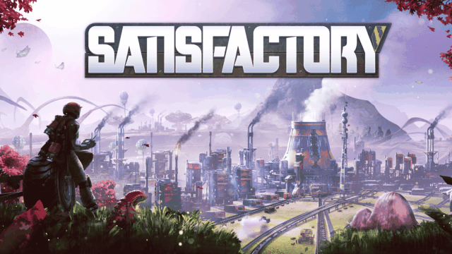 Character overlooking a large industrial factory with smoke stacks and railway tracks under a purple sky