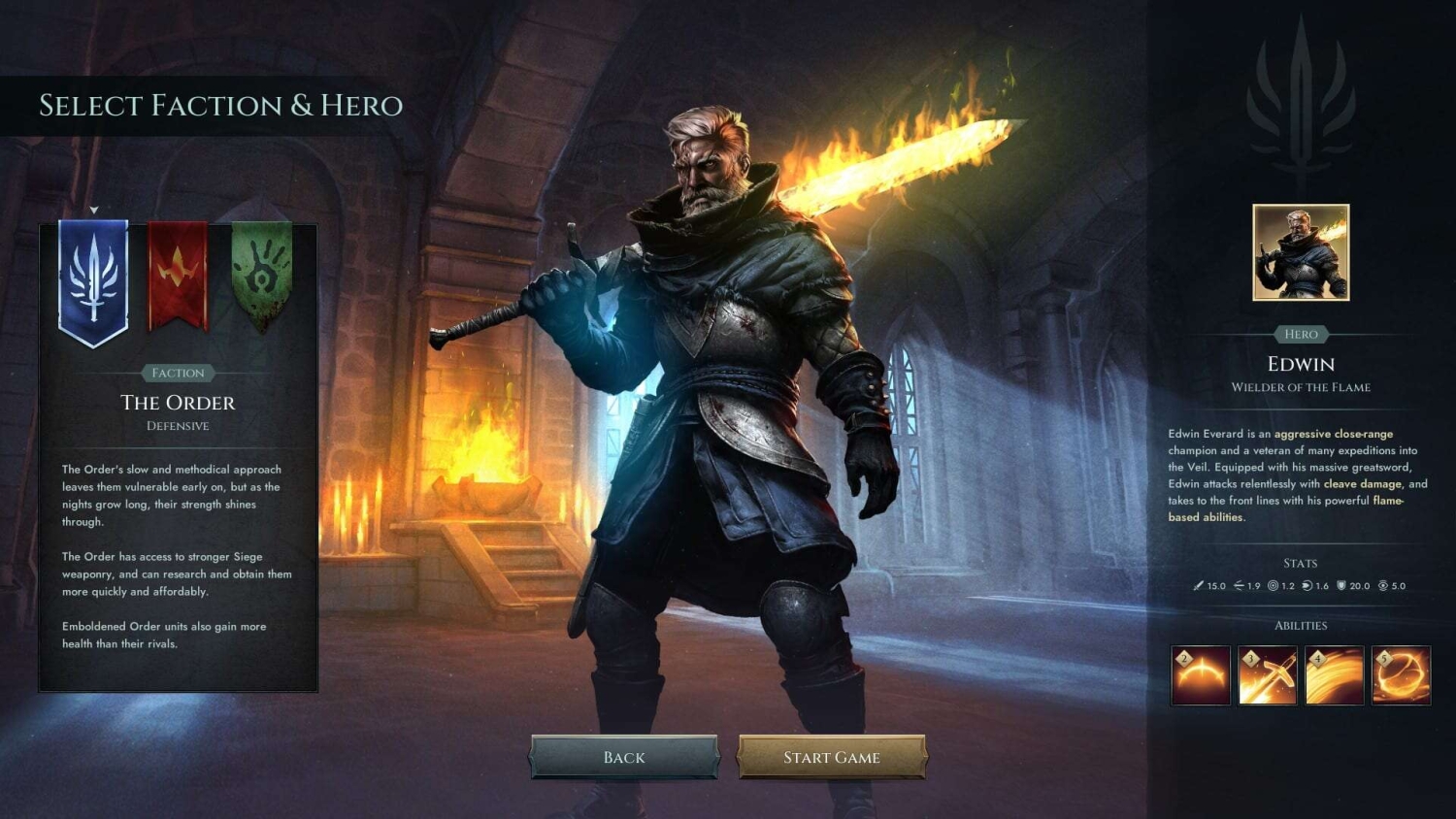 Character selection screen showing a male hero holding a flaming greatsword for The Order faction in a dimly lit stone hall