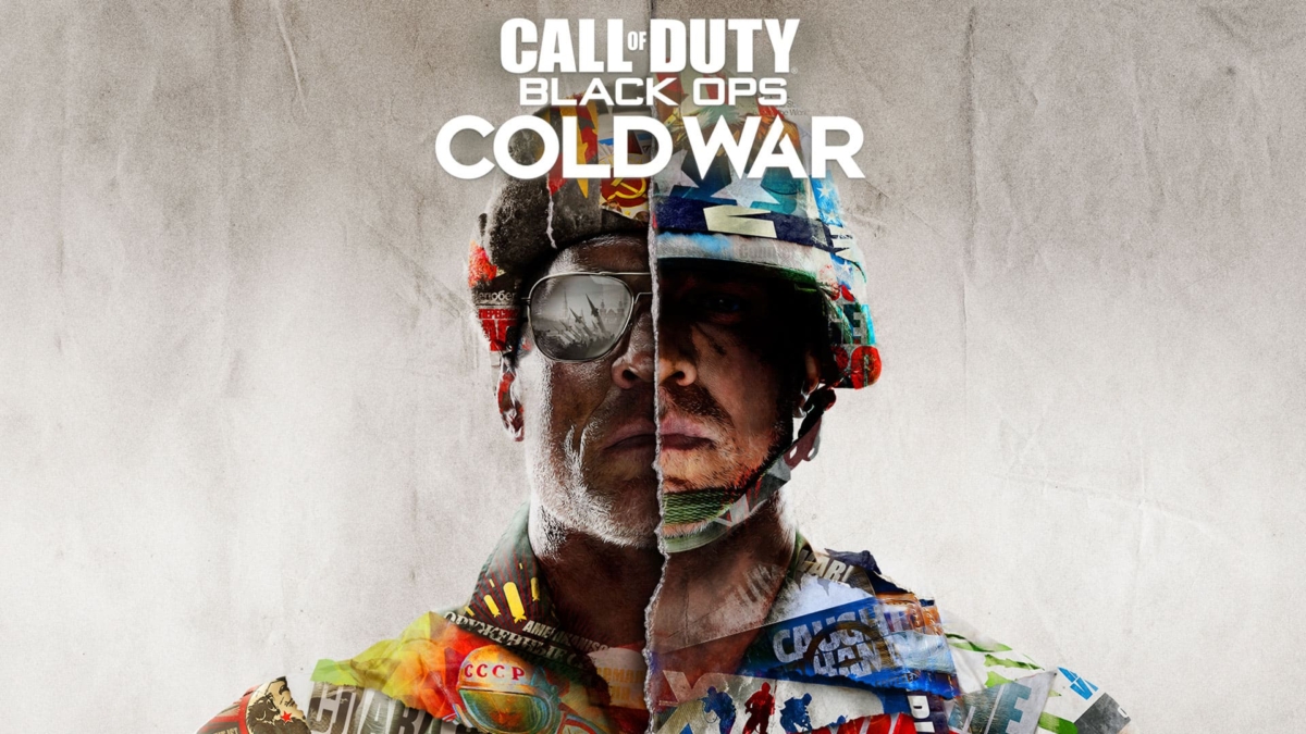 Split image of two soldiers facing forward with collage textures, under Call of Duty Black Ops Cold War logo