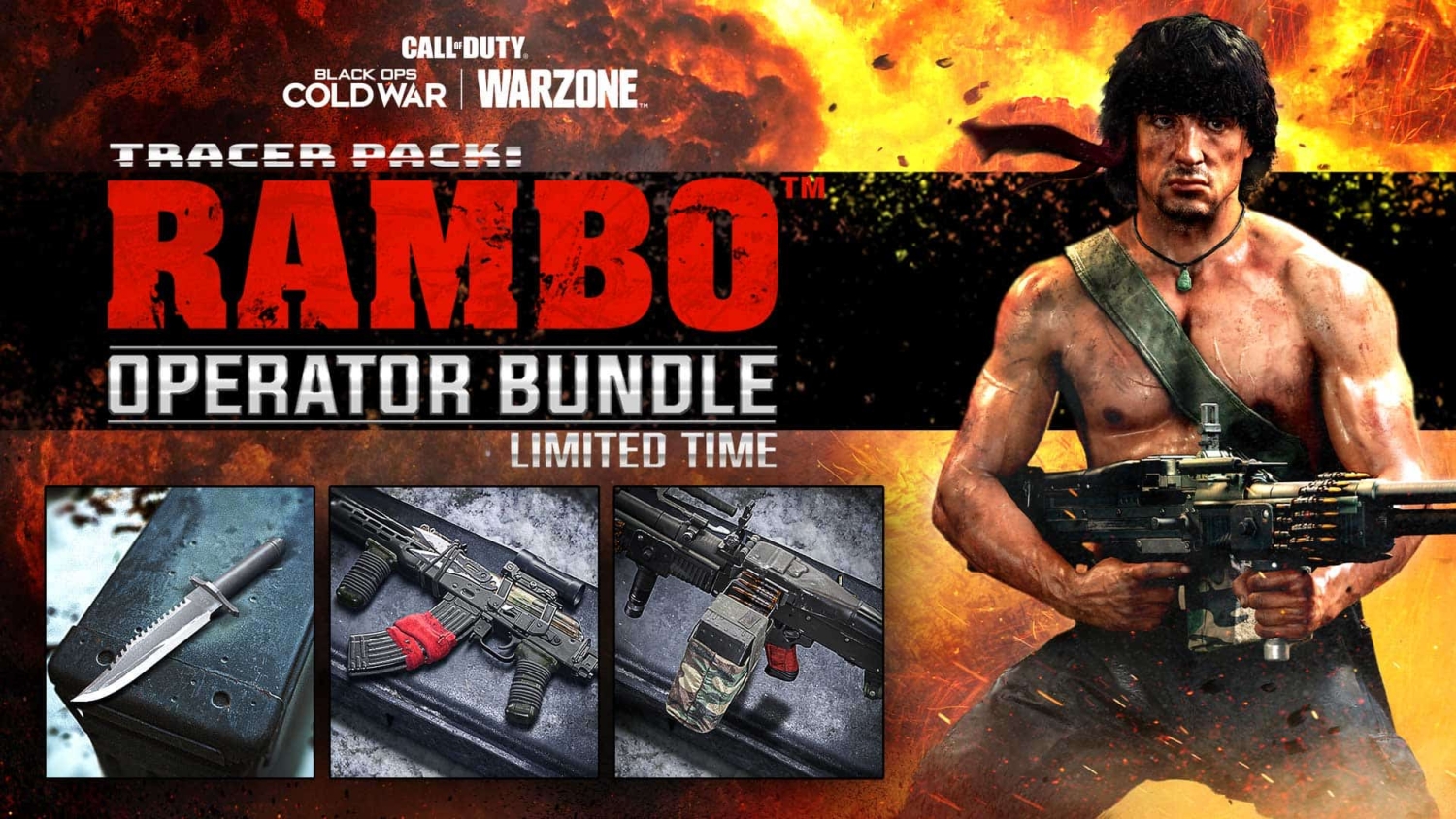Rambo character holding a large machine gun next to images of a combat knife and two rifles with camouflage and red detailing