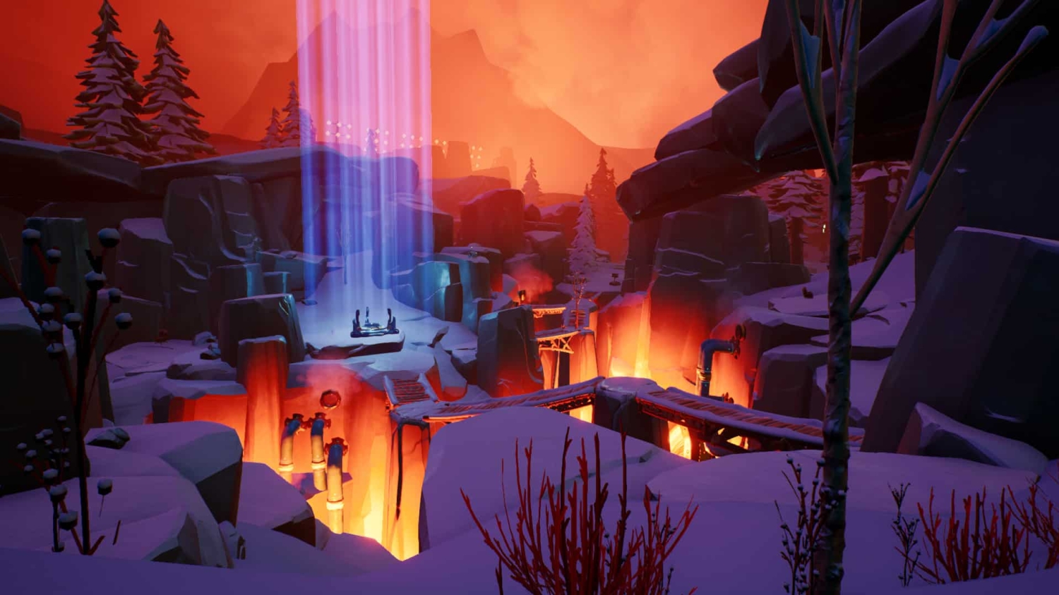 Snow-covered rocky canyon with wooden bridges over glowing lava and blue light beams under a red-orange sky