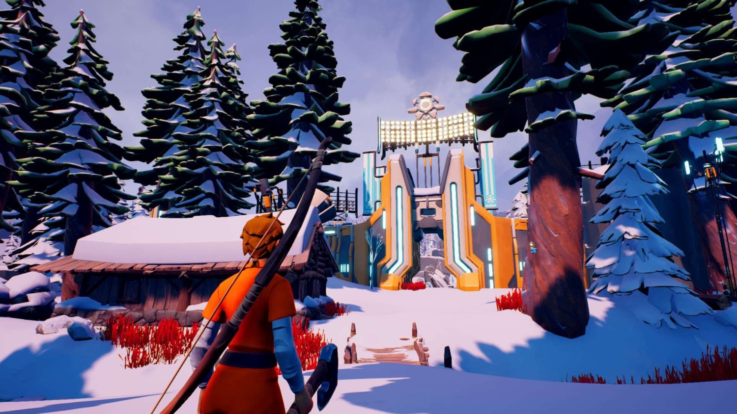 Third-person view of character holding bow and axe in snowy forest approaching illuminated futuristic gate