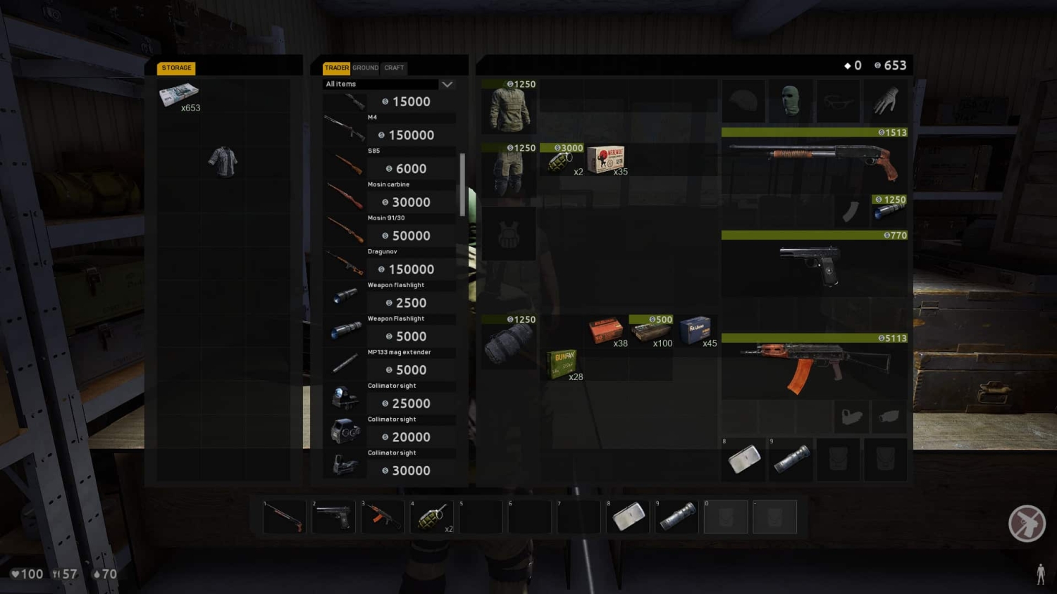 In-game trader and inventory menu showing weapons, ammo, clothing, and various survival items with prices
