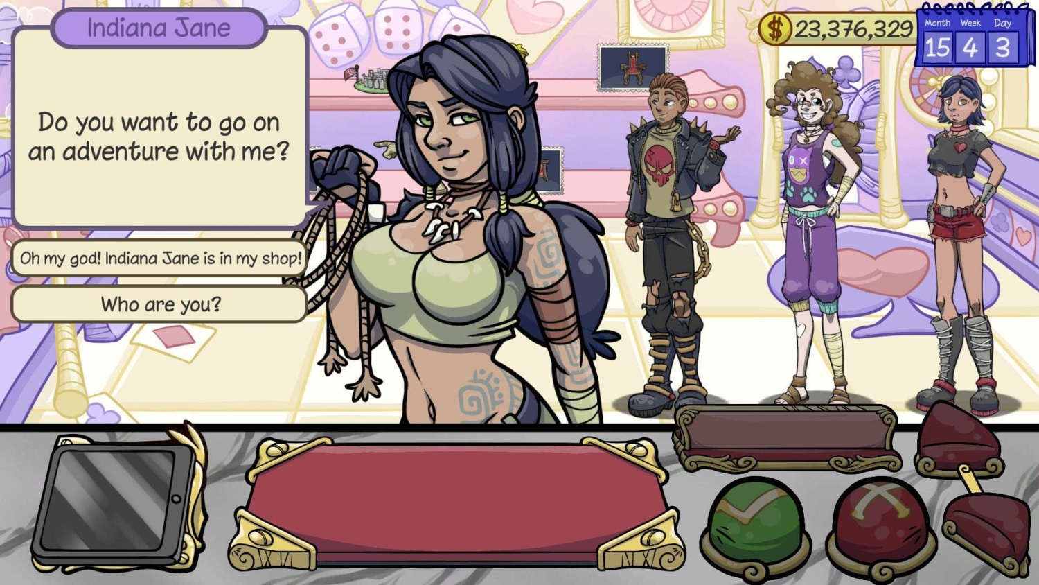 Animated female character with tattoos and braided hair invites player on adventure in colourful shop with two other characters standing