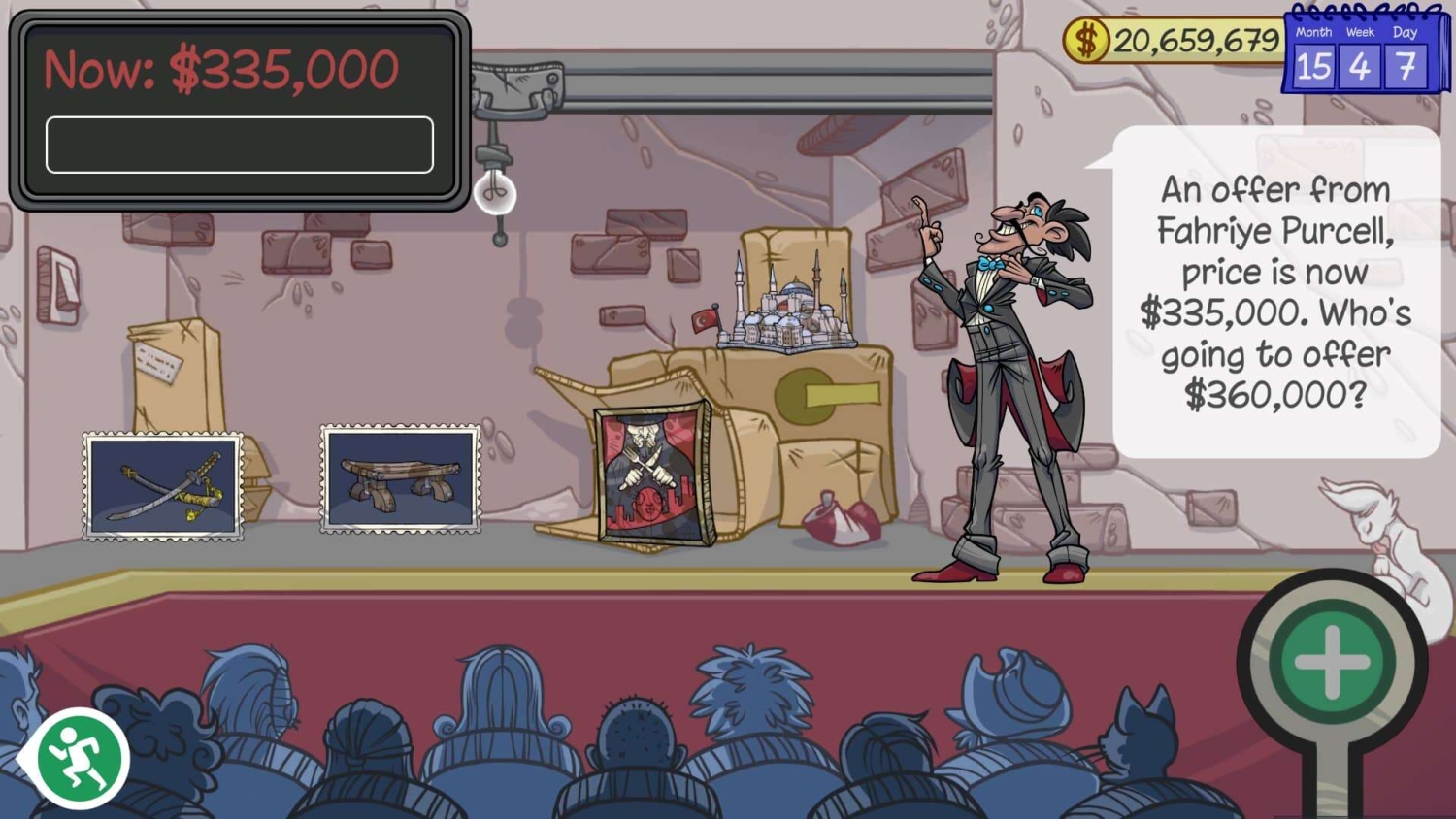 Cartoon auction with animated characters bidding on antiques including swords, bench, and model building