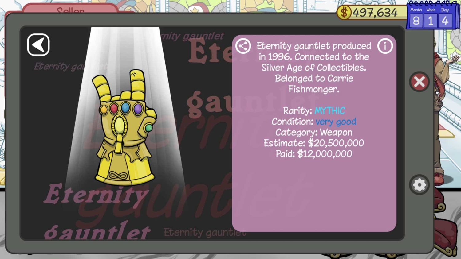 Golden hand-shaped gauntlet with colourful gems displayed in a game interface with item details