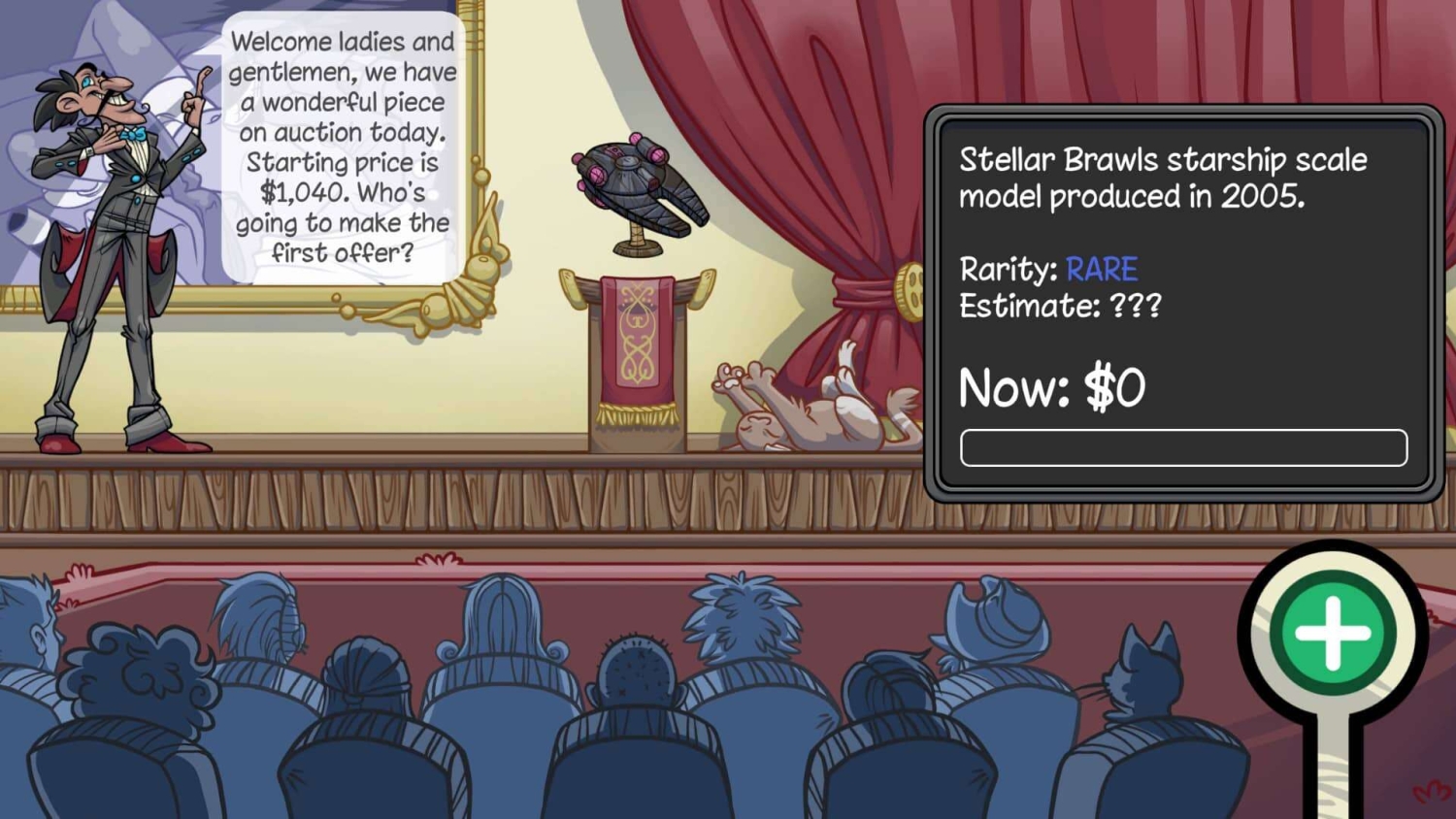 Cartoon auctioneer presenting a starship scale model to an audience with auction details shown on screen