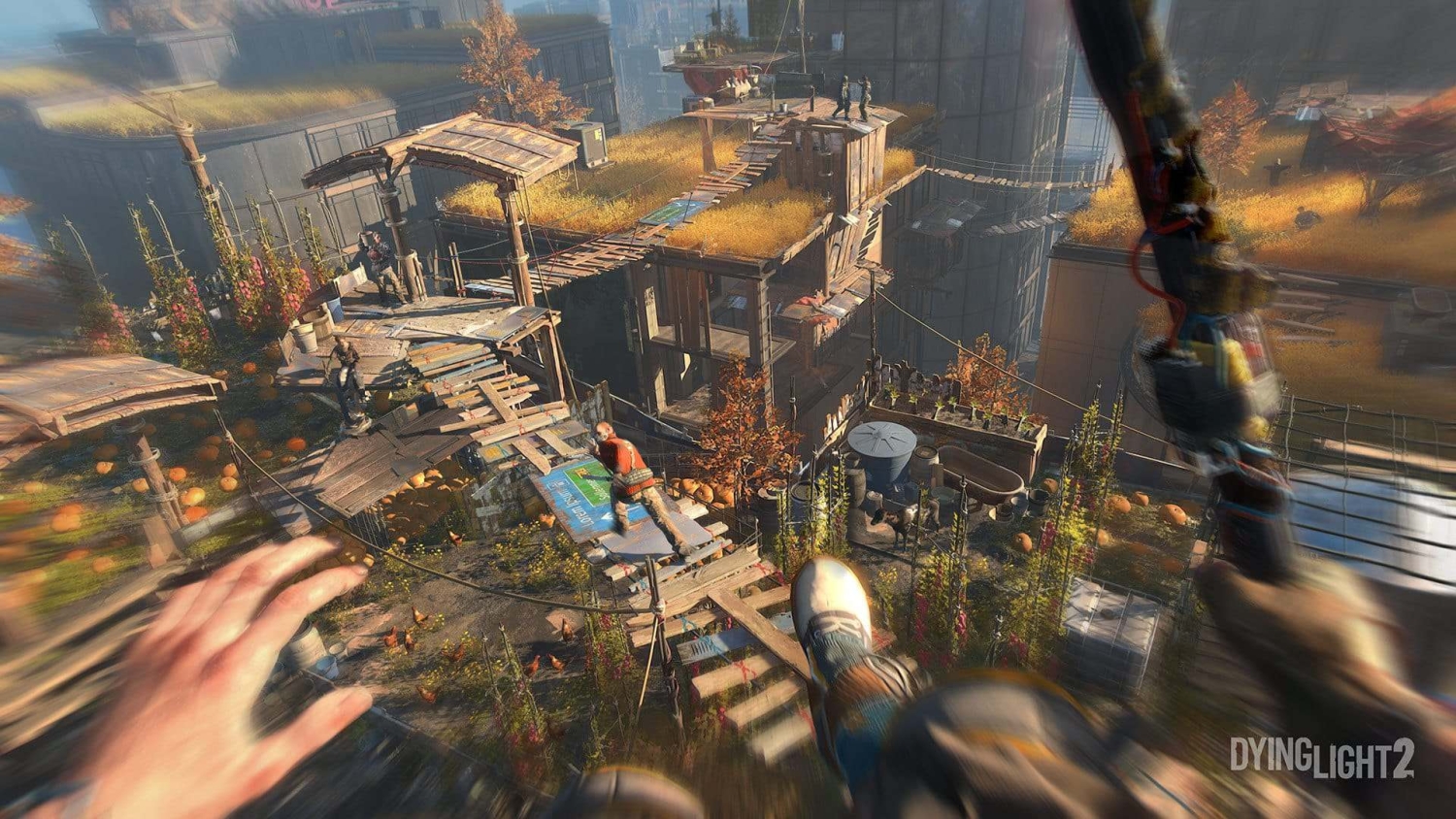 First-person perspective of player jumping across wooden platforms in a post-apocalyptic urban environment with overgrown vegetation and distant figures
