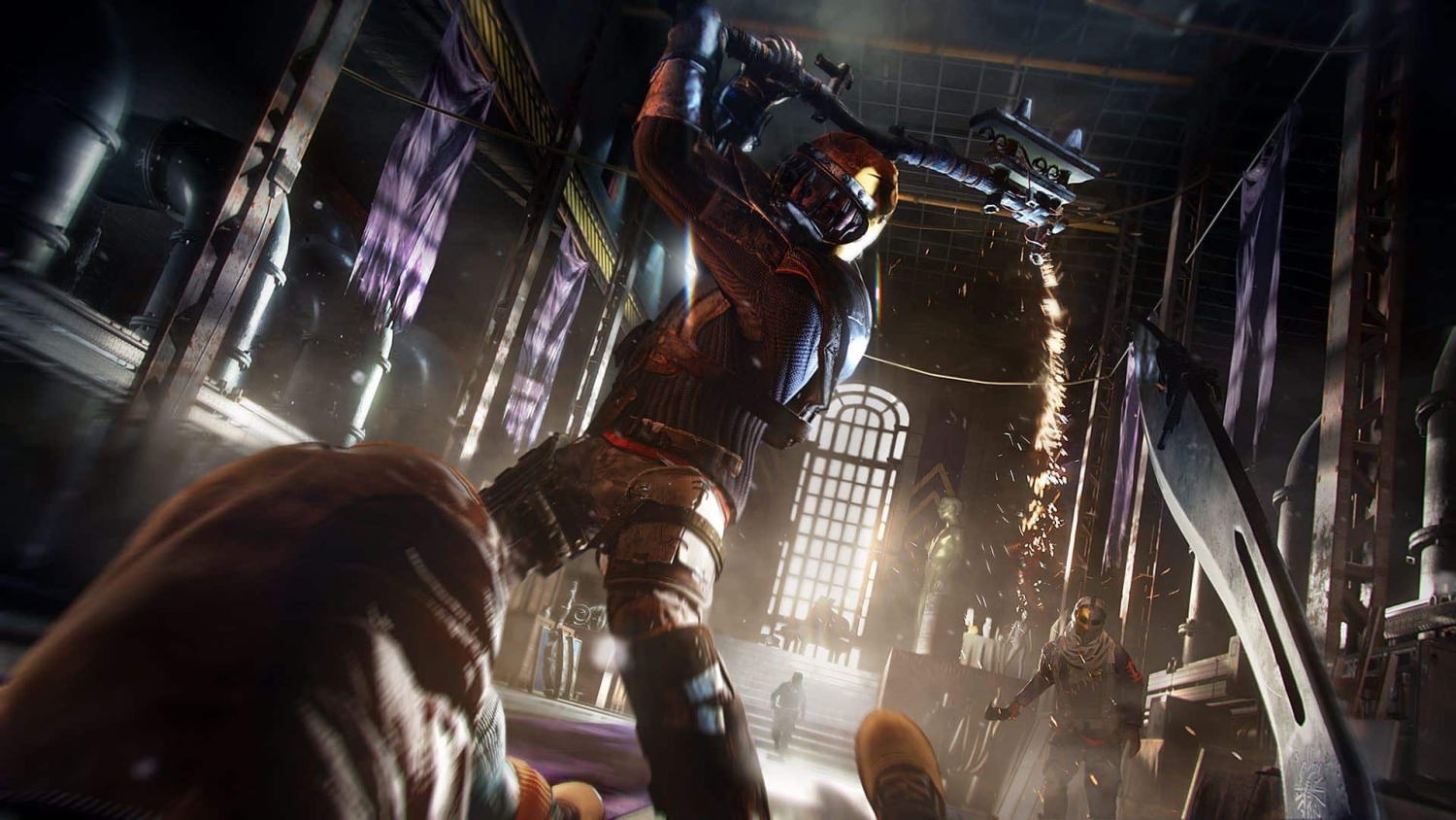 Armoured character holding a spiked weapon overhead ready to strike a fallen enemy inside a dim, ruined building with banners hanging