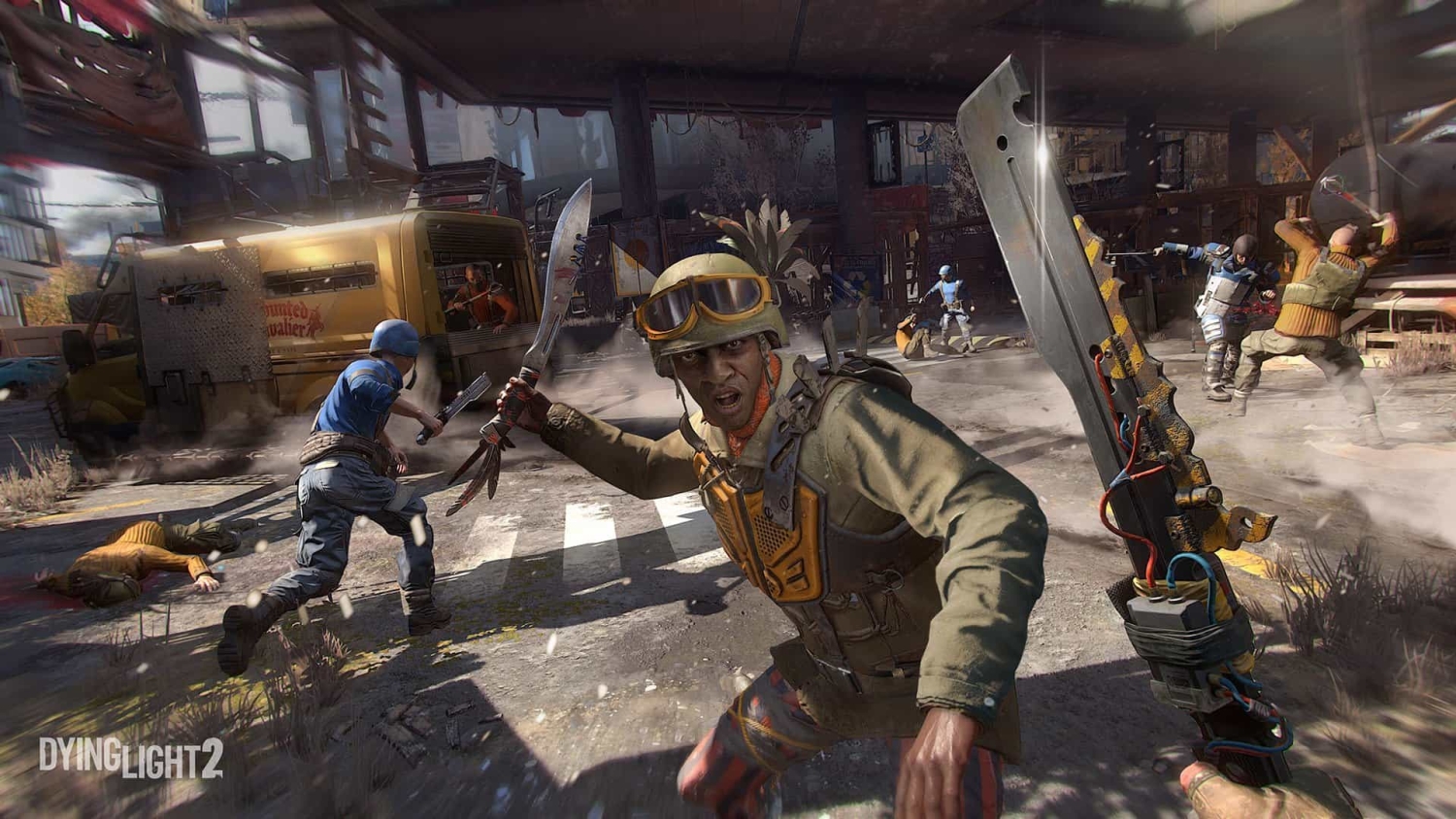 Characters fighting with melee weapons in a chaotic post-apocalyptic city street scene from Dying Light 2