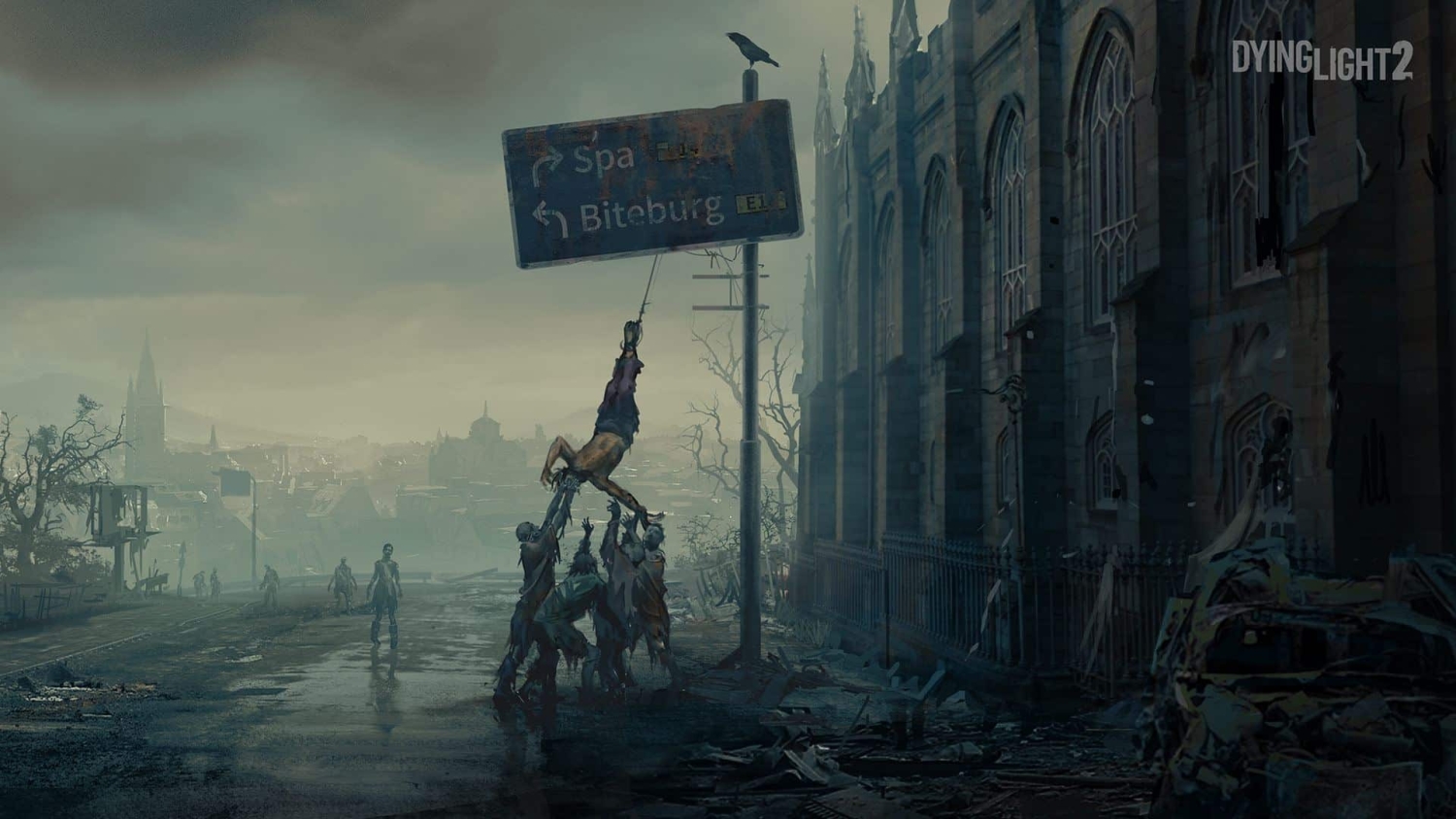 A group of zombies lifting a struggling person towards a damaged road sign on a wet and ruined city street