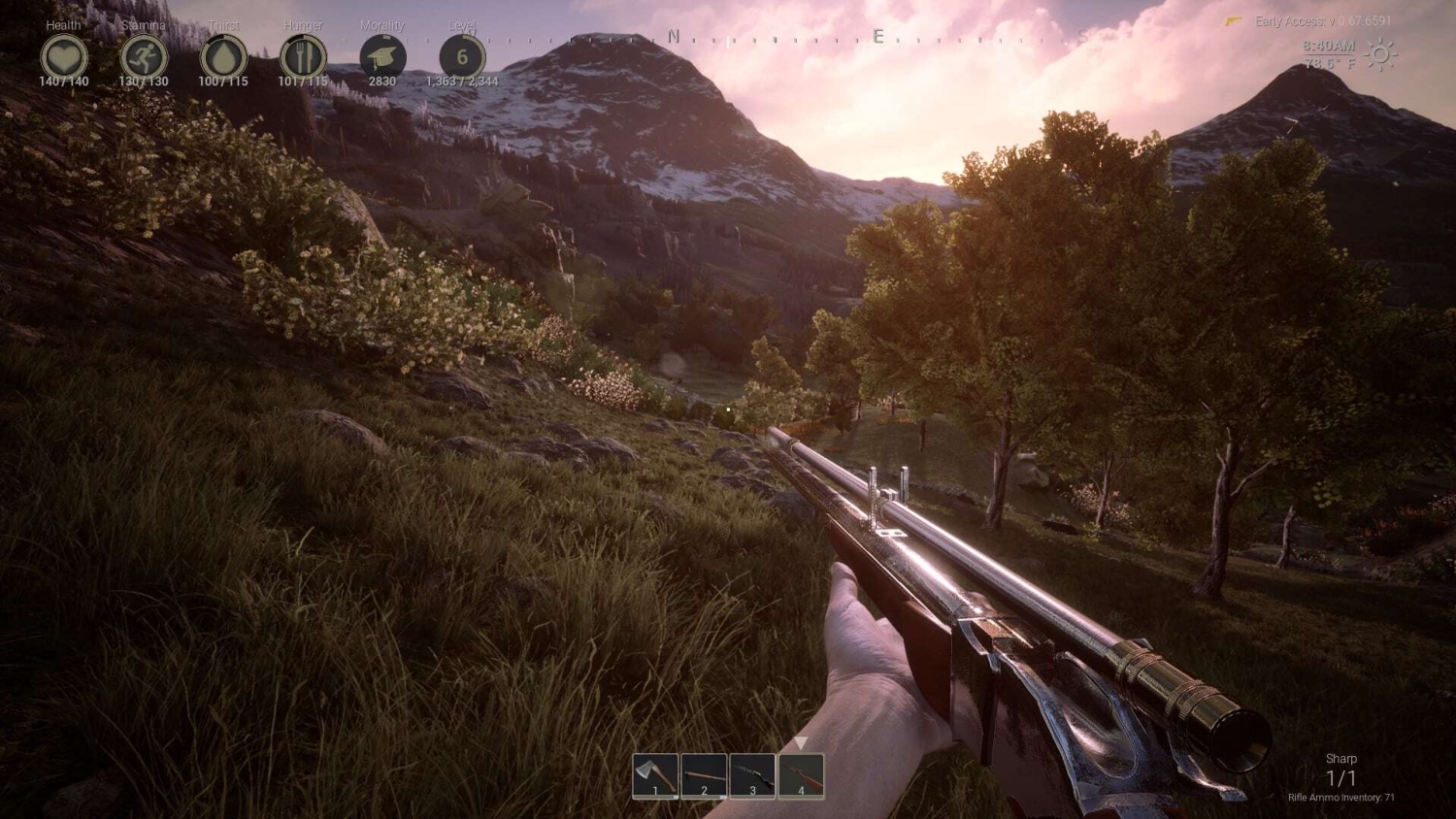 First-person view holding a double-barrelled shotgun in a grassy mountainous landscape at sunrise