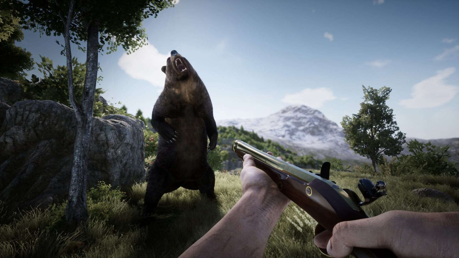 Hands holding an old-style rifle aiming at a standing roaring bear in grassy wilderness