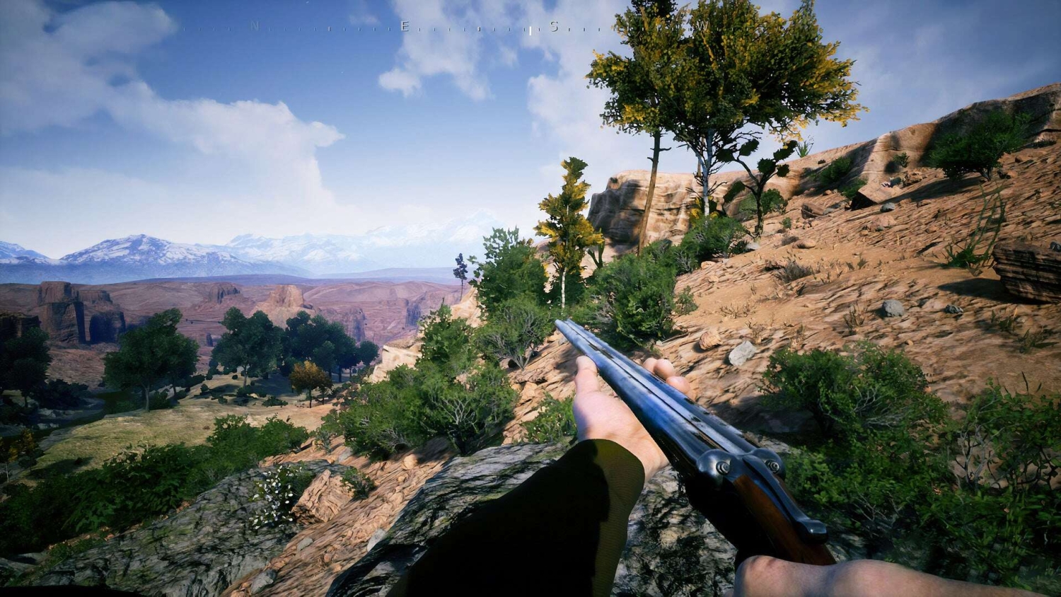 First-person view holding a double-barrel shotgun overlooking rocky terrain with trees and distant mountains