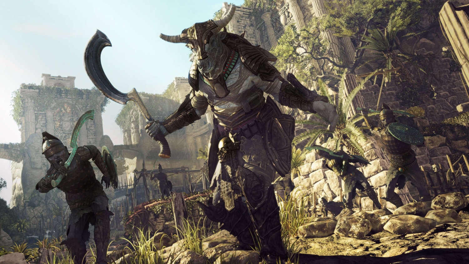 Armoured warriors wielding ancient weapons in a dense jungle site with ruined stone structures
