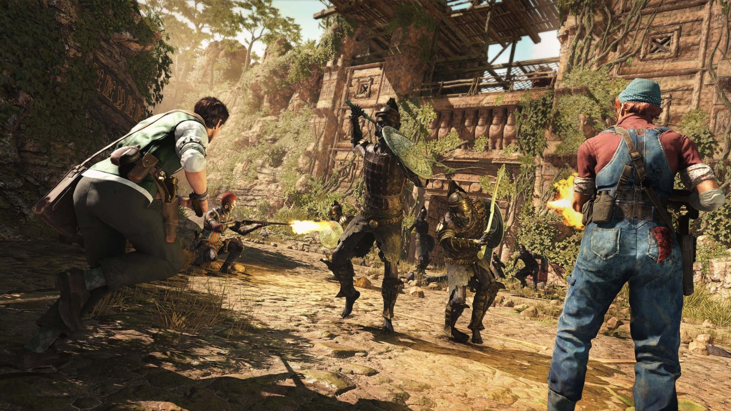 Three characters fire weapons at shield-wielding enemies amid sunlit stone ruins covered in vines