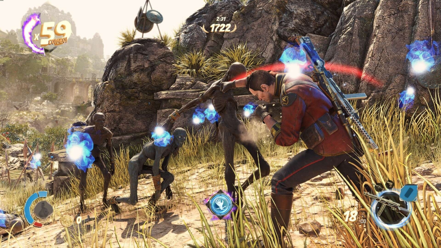 A character in a red jacket punches glowing skeleton enemies in tall grass near rocky terrain during a timed combat