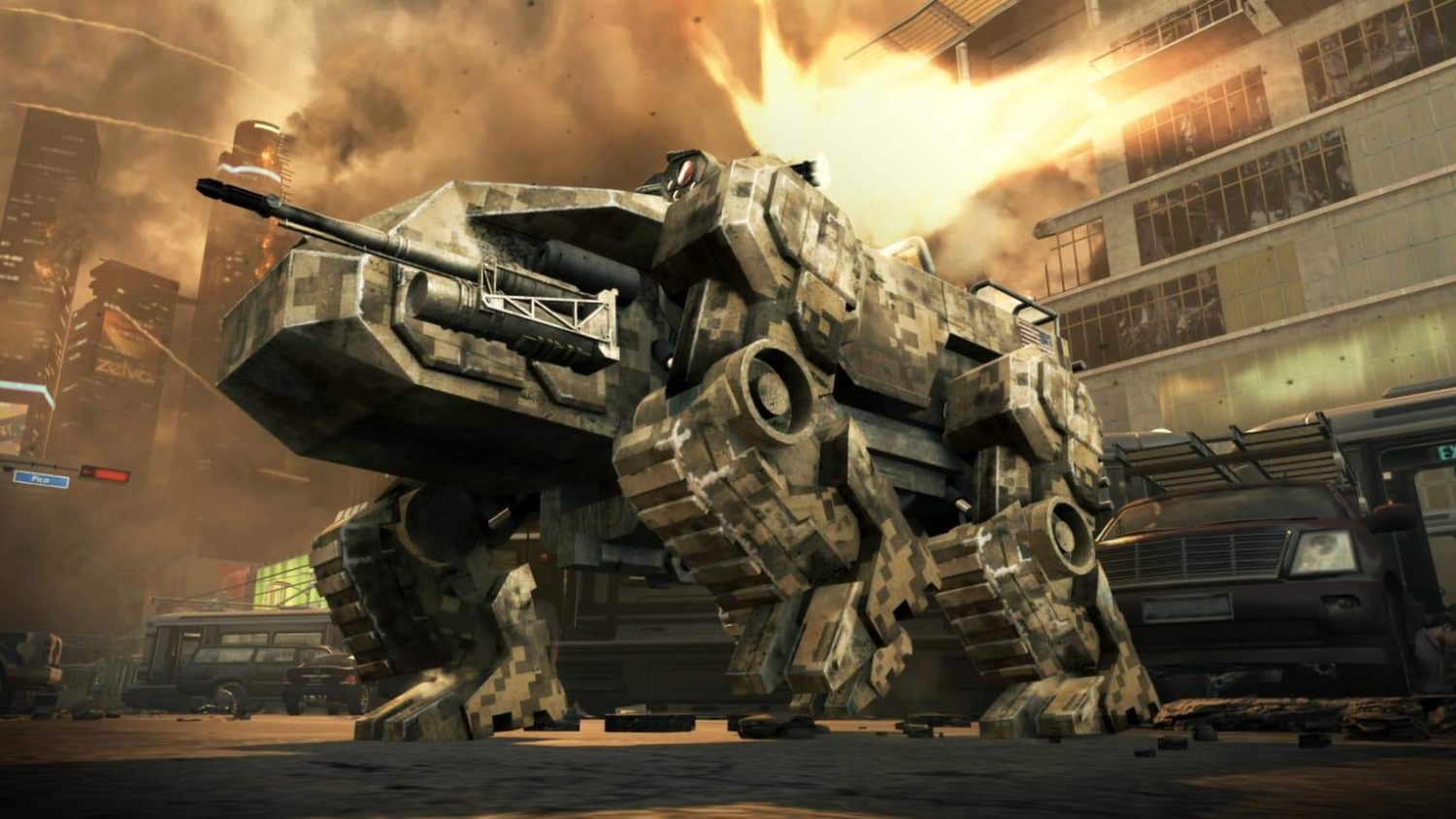Large robotic tank firing a weapon with explosion amidst city buildings and vehicles