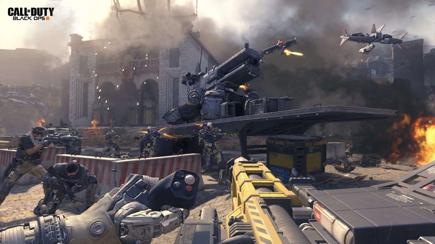 First-person view of armed soldiers and flying drones engaged in futuristic battle near a damaged building
