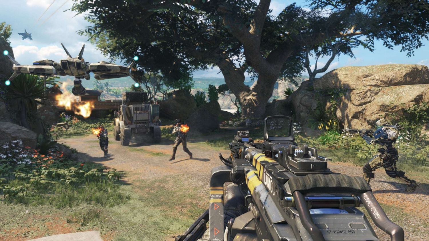 Player wielding advanced assault rifle firing at enemies with robotic support in bright outdoor setting