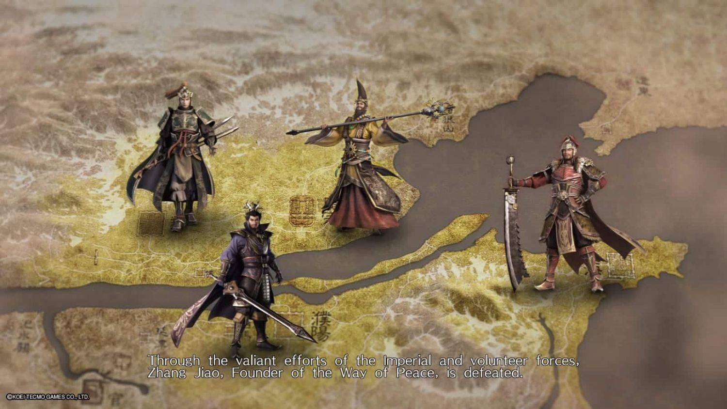 Four detailed fantasy warriors in armour standing on an ancient map with a historical subtitle at the bottom