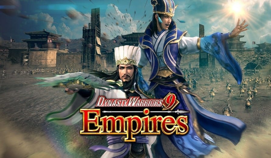 Two warriors in ancient Chinese armour stand with a battlefield and army behind them, under a sunlit sky.