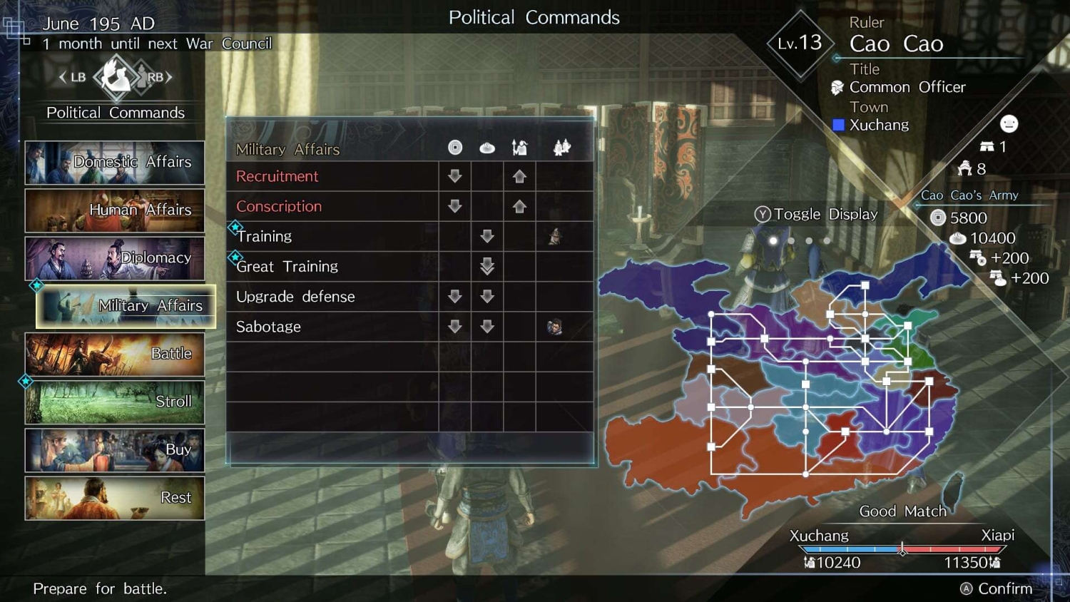 Strategy game screen showing political commands menu and colourful map for army management with details of ruler Cao Cao