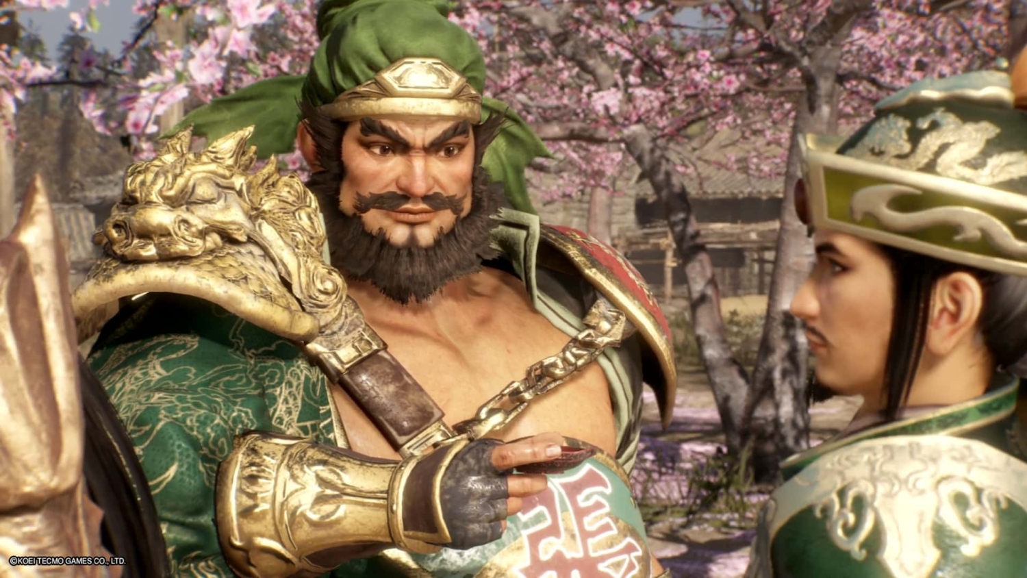 Two men in elaborate armour holding cups under blossoming cherry trees in a detailed game cutscene