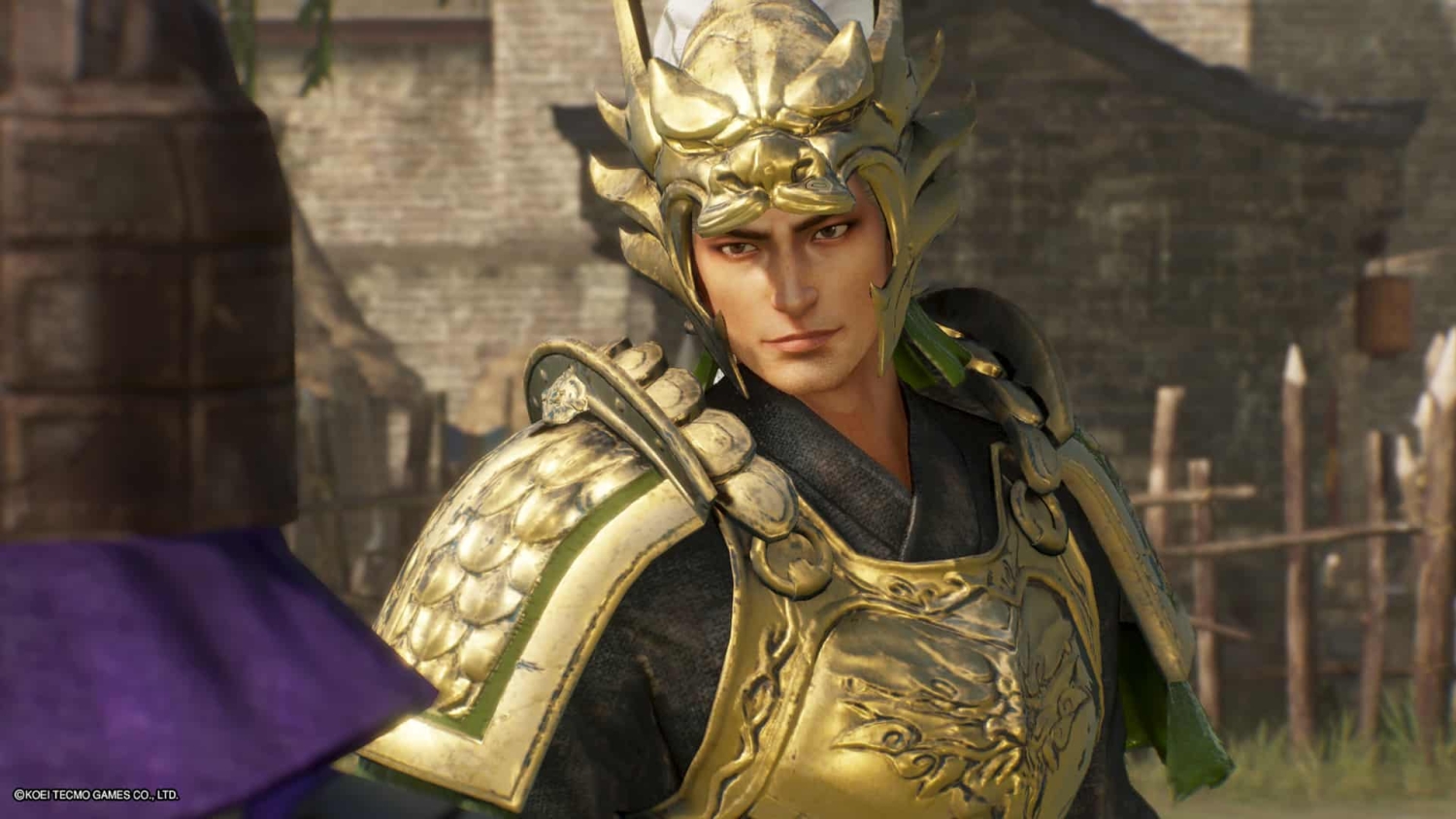 Warrior wearing detailed golden armour and a decorative helmet in a historical setting