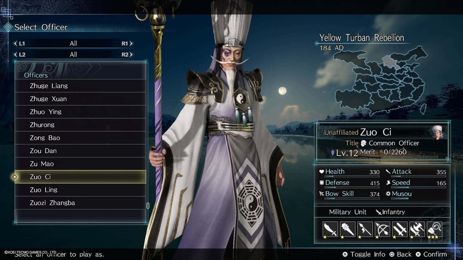 Character selection screen highlighting officer Zuo Ci with detailed stats and abilities