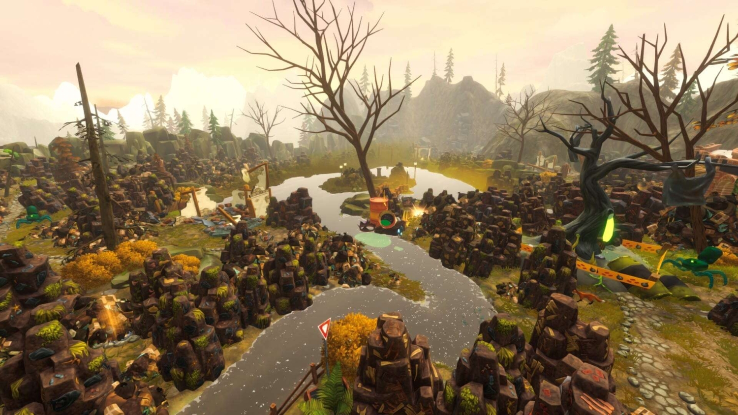 Cluttered, polluted digital landscape with leafless trees, heaps of rubbish and a murky river running under a pink sky