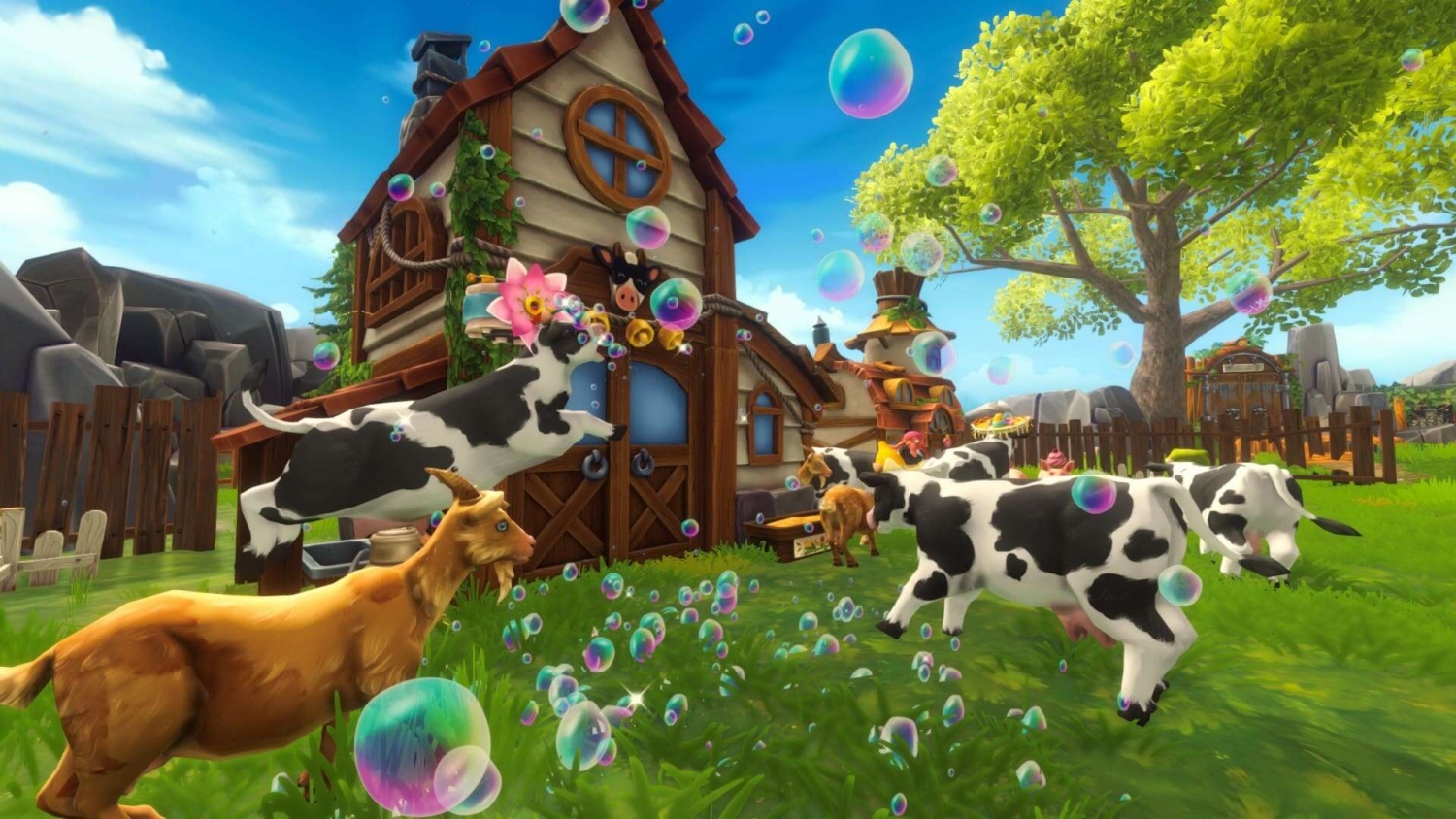 Animated farmyard with cows, goats, bubbles and cottages under a bright blue sky